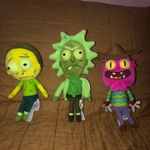 Rick, Morty, Scary Terri plushes.